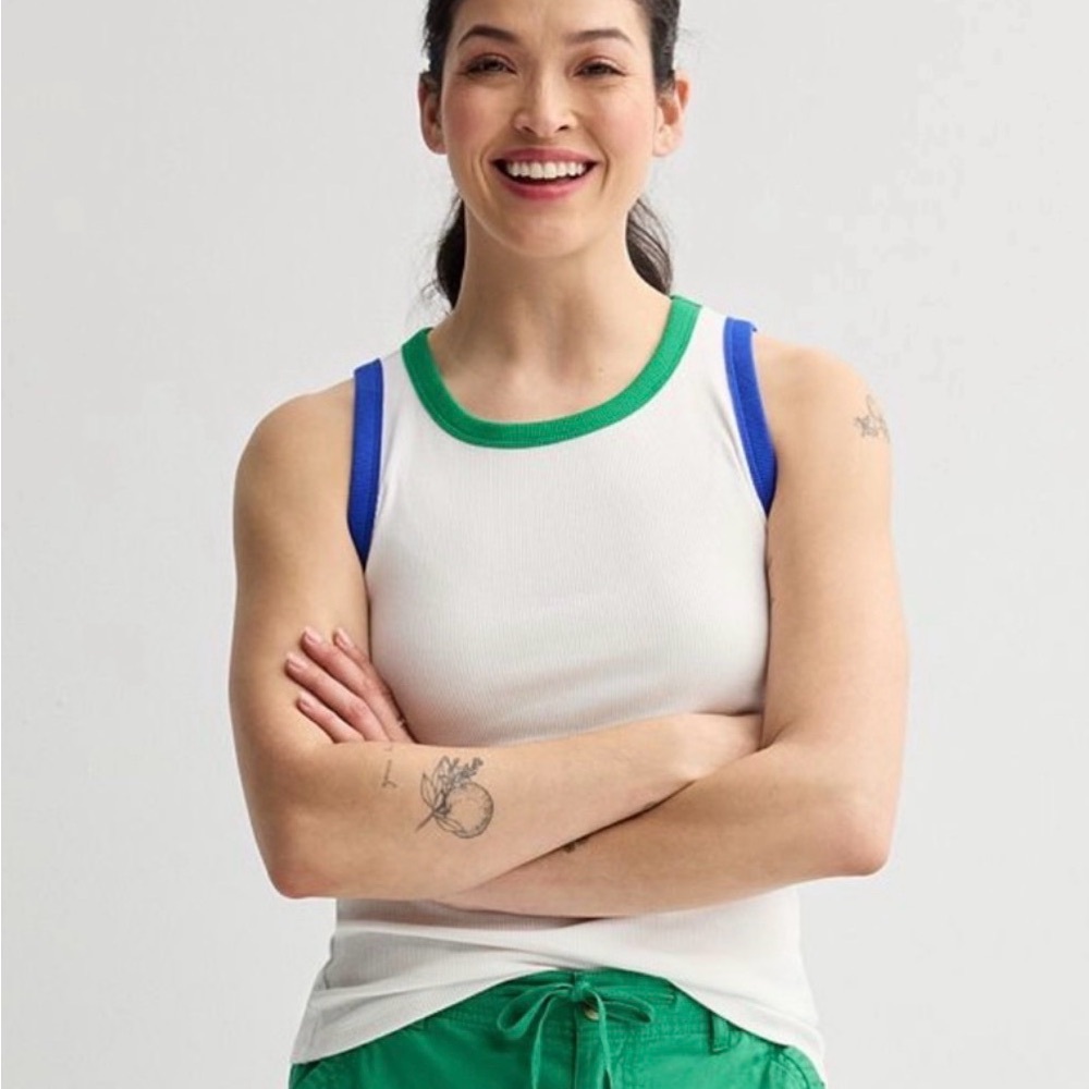 Sonoma White Ribbed Tank with Green Trim and Blue Straps